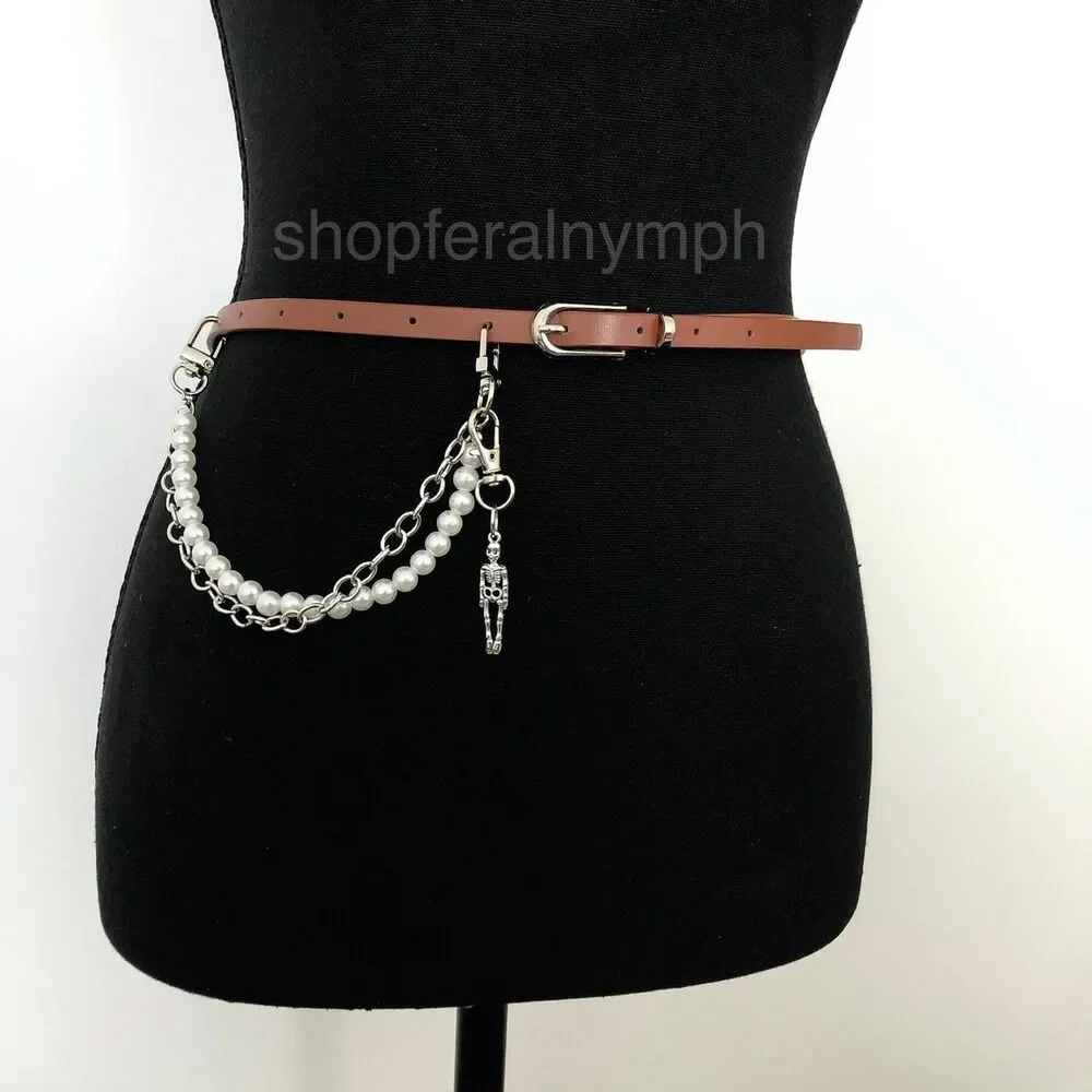 Vintage Y2K Whimsygoth Skeleton Pearl Chain Belt, Fits 33–36 Inches, X7GA1193